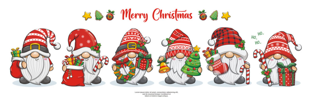 Merry Christmas With Cute Gnome Santa Claus And Friend On Banner Design, Set Vector Cartoon Illustration