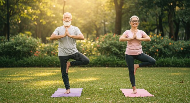Elderly couple practicing yoga together on mats in a park - Powered by Adobe