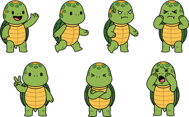 Cute turtle character cartoon expressions, adorable green turtle mascot, kawaii animal emotions, baby tortoise emoji set, vector illustration, kids design