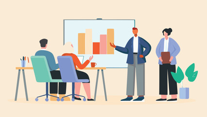 Illustration of a business presentation with a bar graph being presented to a small group of people