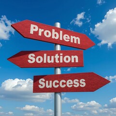 Red Directional Signs Pointing to Problem, Solution, and Success Against a Blue Sky