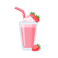 A refreshing strawberry smoothie in a clear glass, garnished with fresh strawberries and whipped cream, complete with a striped straw