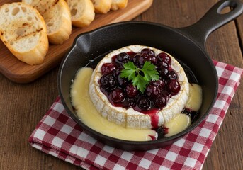 Warm baked brie topped with cherries and served with toasted baguette slices