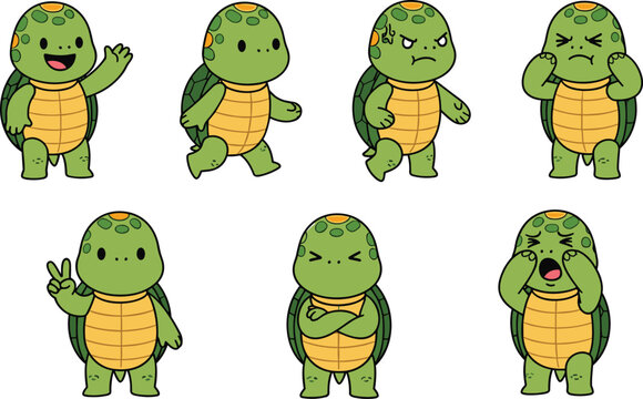 Cute turtle character cartoon expressions, adorable green turtle mascot, kawaii animal emotions, baby tortoise emoji set, vector illustration, kids design
