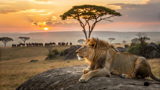 “A majestic lion resting on a rocky outcrop during golden hour in the African savanna — 4K wildlife photography style with a panoramic background of acacia trees, distant wildebeest, and a setting sun