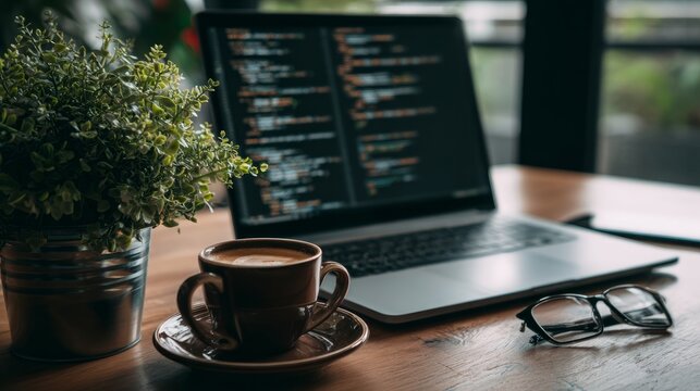 Coder&acirc;&euro;&trade;s desk with laptop, coffee cup, glasses, and plant, with open code on screen