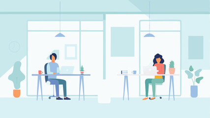 Illustration of two people working at desks in a bright office space with large windows and plants