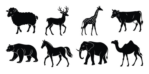 Silhouettes of various animals including a sheep, deer, and giraffe