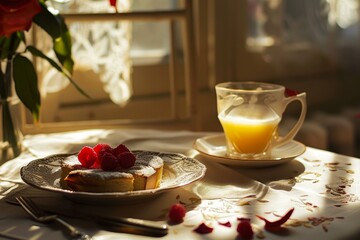 Tasty dessert with raspberries and orange juice served for breakfast on an elegant table with rose petals