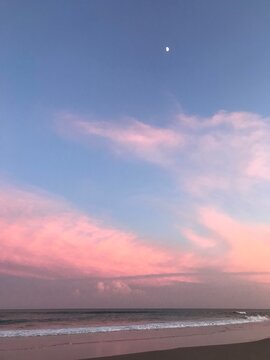 Pink Skies, Clouds and Moon in Outer Banks