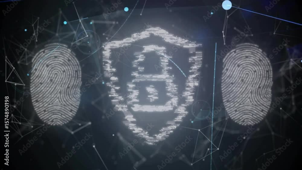 Poster drifting code fragments forming sphere glitching into shield padlock fingerprints securing data