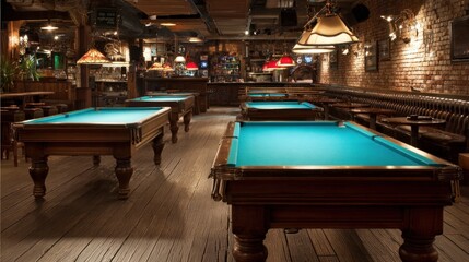 Empty pool tables arranged in club setting