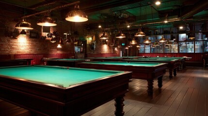Empty pool tables arranged in club setting