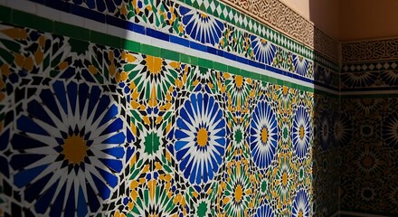 Intricate Moroccan Tilework: Geometric Patterns Vibrant Colors Architectural Detail.

