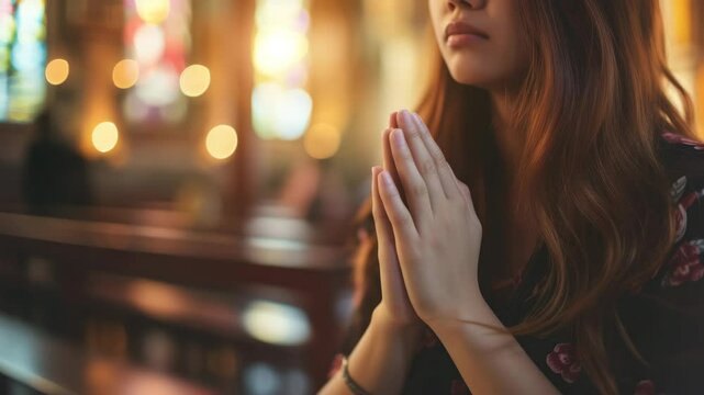 Woman praying in a serene church with colorful stained glass windows during quiet afternoon hours