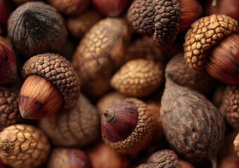 Abundant Acorns Autumn Harvest. A rich tapestry of oak nuts, showcasing intricate textures and earthy hues. It represents the potential for future development and natural abundance.