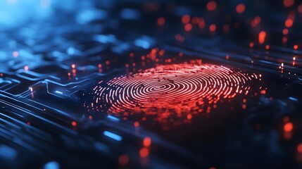 Digital fingerprint on Circuit Board: A close-up of an illuminated fingerprint overlaying a network of circuits, highlighting cybersecurity measures within technological infrastructure.