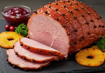 Glazed ham with pineapple slices and cranberry sauce