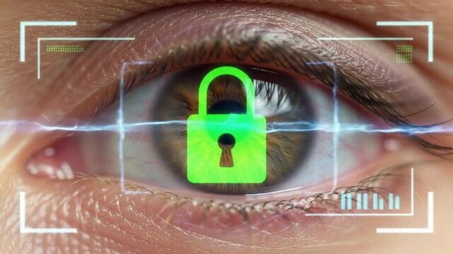The human eye being scanned by a high-tech laser with a luminous dot, signifying digital security, biometric identification and protection of personal information, the concept of privacy