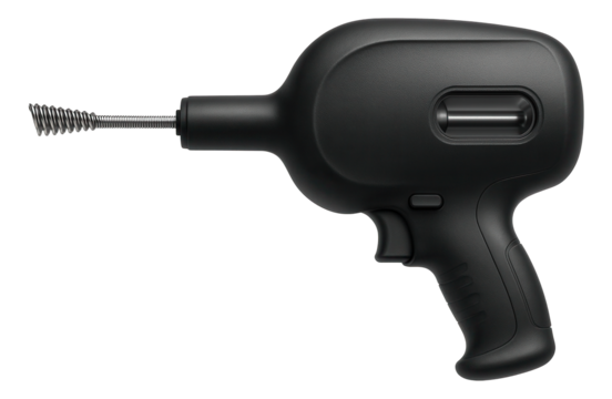 Spring-loaded drain auger with a pistol grip, for use in a small business maintenance toolkit.
