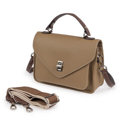 Light brown leather handbag with top handle and shoulder strap, photographed on white background....