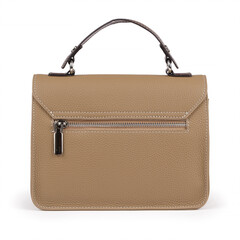 Light brown handbag made of soft leather with a top handle and front zipper pocket. Displayed on white background, its neutral warm tone and modern design make it a perfect product image 