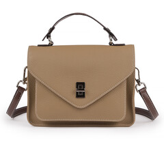 Light brown leather handbag featuring a classic flap design, silver clasp, and adjustable strap. Versatile and stylish choice for everyday wear. Isolated on white background.