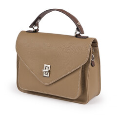 Elegant tan leather crossbody bag with a structured silhouette, top handle, and silver metal clasp. Isolated on white background for fashion product display, e-commerce, or catalog use.