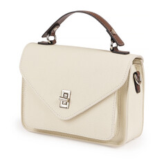 Minimalist cream-colored leather handbag featuring a flap closure, silver hardware, and structured...