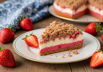 Delicious strawberry crumble cheesecake slice with fresh berries