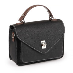 Modern black leather crossbody bag with clean lines, silver metal hardware, and top handle. Photographed isolated on white background for catalog, fashion e-commerce, or advertising.