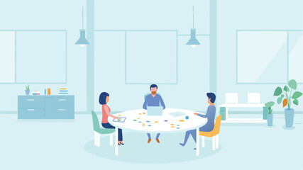 Illustration of three people sitting around a table in a meeting room with a laptop and papers, working together