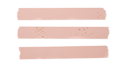 Three light pink masking tape strips with uneven torn edges and subtle texture, adorned with delicate metallic flecks, meticulously arranged horizontally on a pristine transparent background under
