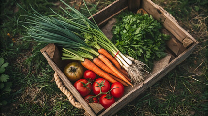 Rustic wooden crate filled with organic garden vegetables like carrots, tomatoes, onions, and herbs, freshly picked and arranged.