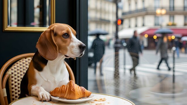 Warm beagle enjoys a croissant at a Parisian cafe on a rainy day, capturing charming, candid street life.