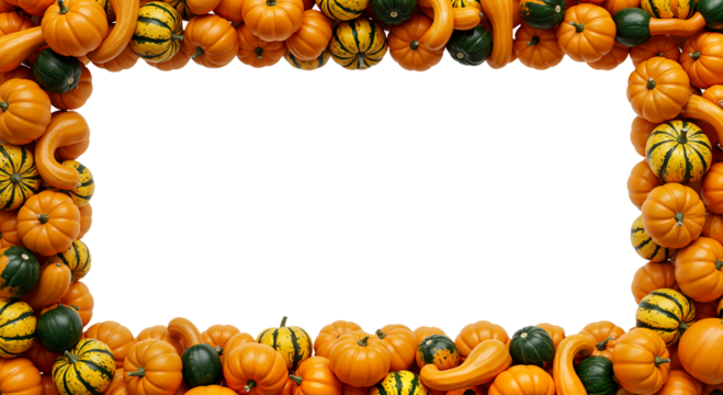 Assorted pumpkin and gourd frame for autumn festival flyers, Thanksgiving cards, or harvest-themed websites for Halloween. Transparent Background, Cutout, PNG