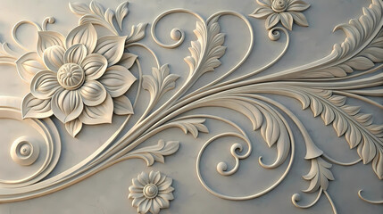 Intricate floral bas-relief design in beige tone, featuring curved leaves and blossoms, perfect for luxury interiors and wall decor.