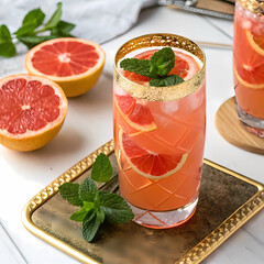 Cold pink grapefruit drink served in a glass with mint leaves, citrus slices, and ice, ideal for summer refreshment.