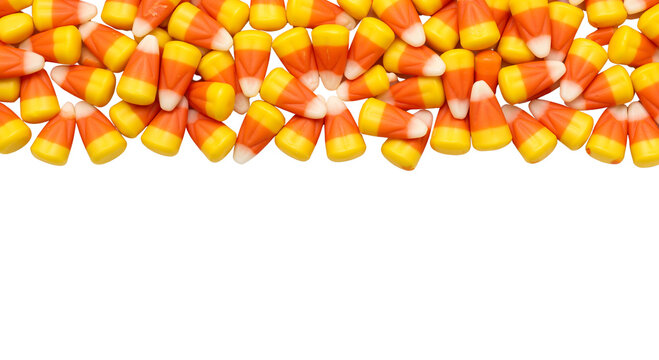 Candy corn top border for festive flyers, kids' party decorations, or sweet treat blog headers for Halloween. Transparent Background, Cutout, PNG