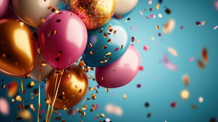 Celebration with balloons and confetti on a festive occasion against aqua