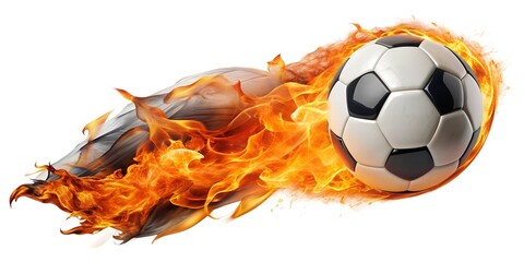 Fototapeta premium Soccer ball flying with burning fire flame ablaze, symbolizing intense competition and the heat of the game