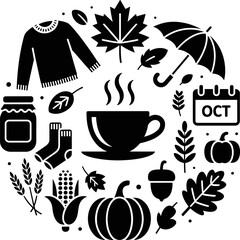  Cozy Autumn Circle Icon Set – Fall Silhouettes Vector Bundle