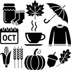  Autumn Season Silhouette Icons – Cozy Fall Vector Clipart Set