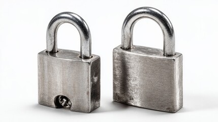 Fototapeta premium Open and closed steel padlocks placed against white background