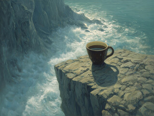 Coffee cup on cliff edge, early work metaphor