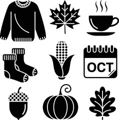  Autumn Essentials Silhouette Icons – Cozy Fall Vector Clipart Set