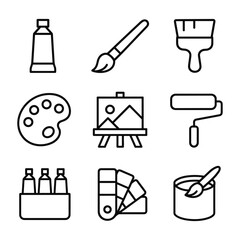 Fototapeta premium Complete artist tools icon collection for painting. Outline symbols. Line design