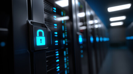 Cyber security concept with a glowing digital padlock icon in a server room, symbolizing data protection and network safety.
