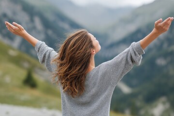 Woman breathing fresh air and enjoying freedom in the mountains