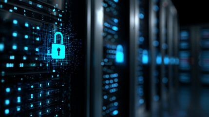 Cyber security concept with a glowing digital padlock icon in a server room, symbolizing data protection and network safety.
